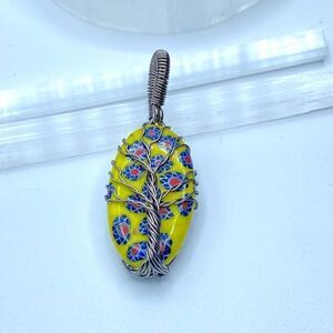 Tree of Life Yellow Flower Dico Glass Copper Wired Pendant